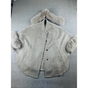 Miss Rosier Cape Women OSFM Gray Fur Trim Button Front Relaxed Elegant Cozy Prep